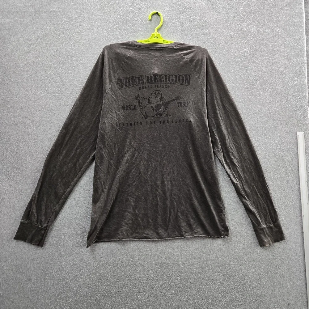 True Religion‎ Men Shirt XL Gray Guitar Buddha Henley Grunge Button Long Sleeve